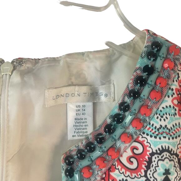 London Times Y2k Women's Size 10 Beaded Turquoise Red‎ Shift Dress - Picture 4 of 9